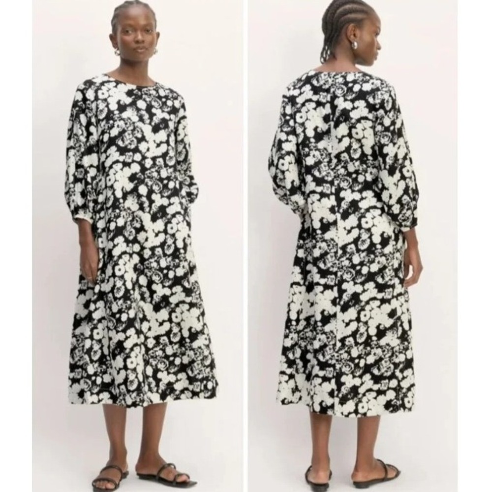 NEW Everlane The Linen A-Line Midi Dress Black White Floral European Flax 16